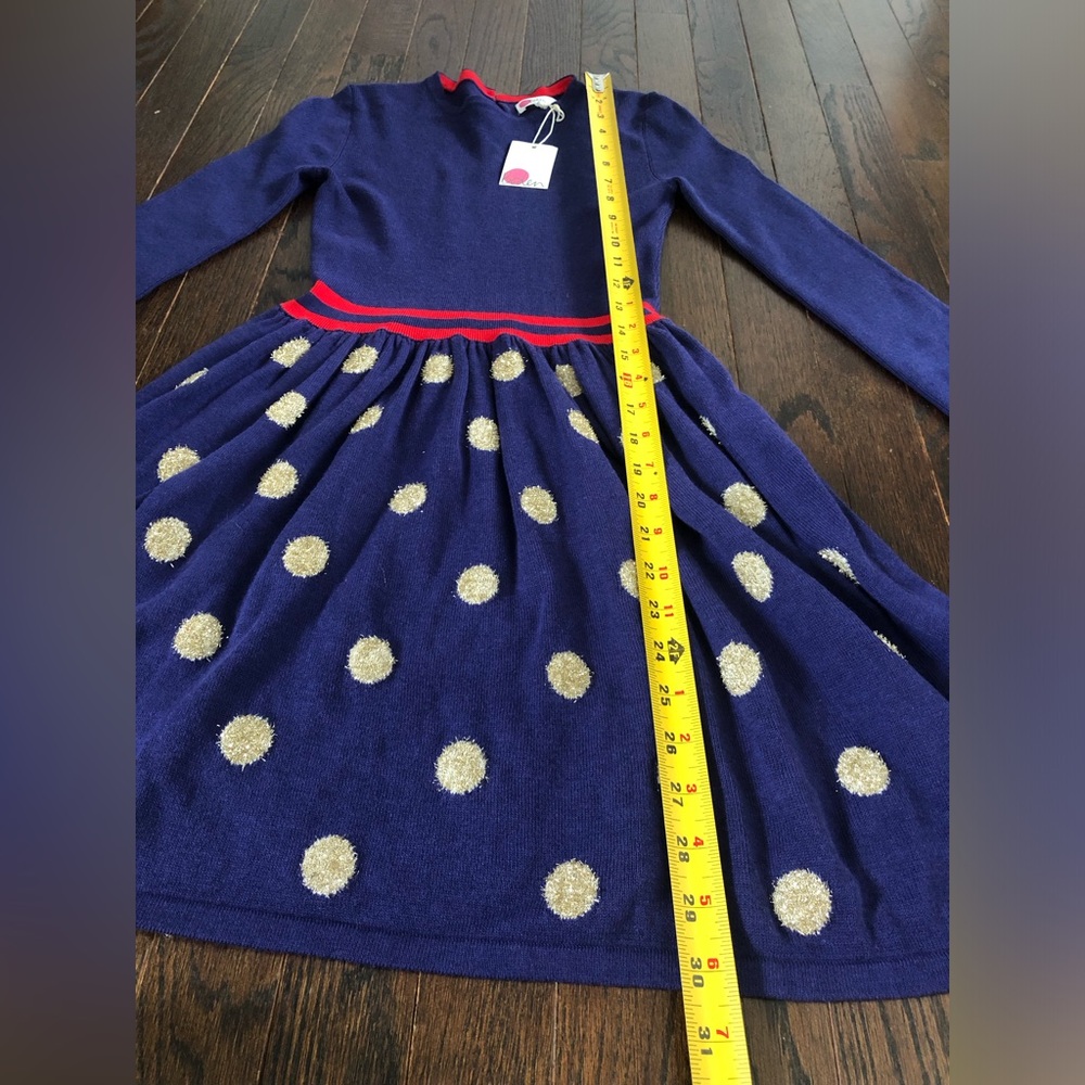 Mini Boden Girls 9-10Y Navy/Red Long-Sleeved Ribbed Dress w/Gold Polka Dot Skirt - Picture 6 of 12